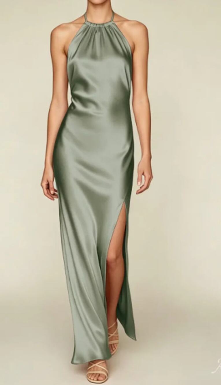 AW BRIDAL 2 XS fennel seed Latonia Satin halter bridesmaid maxi dress NEW b39